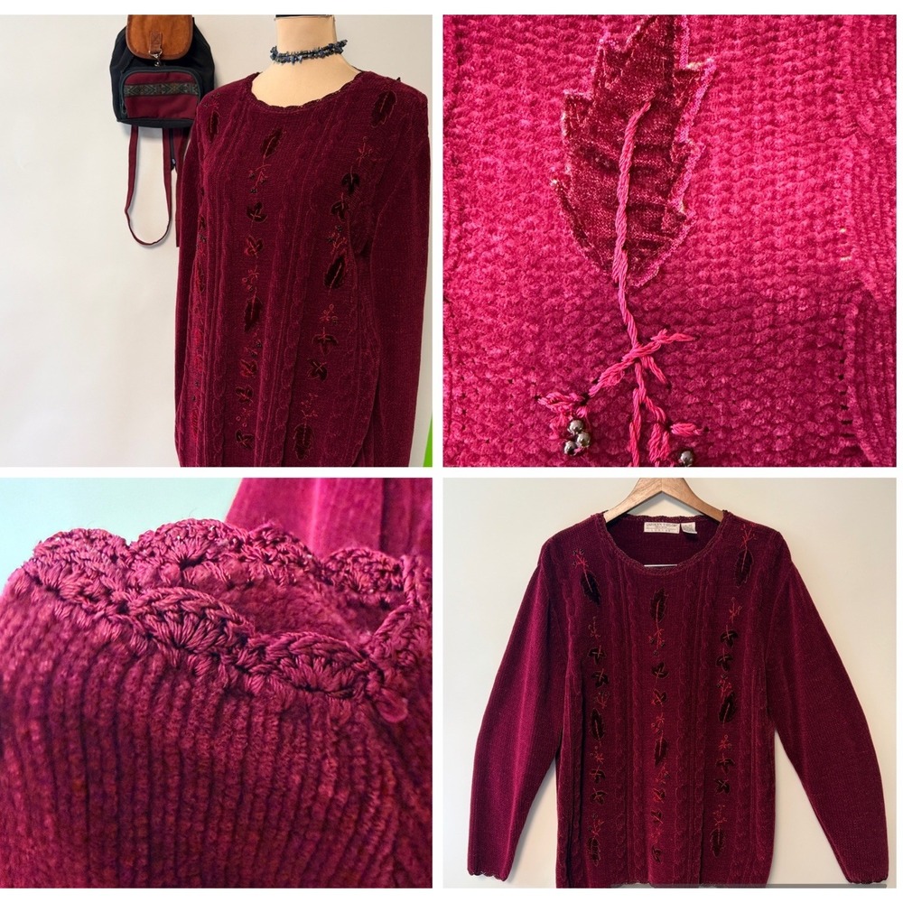 VTG Carolyn Taylor Chenille Sweater XL Fall Leaves Beaded Crochet Trim Granny